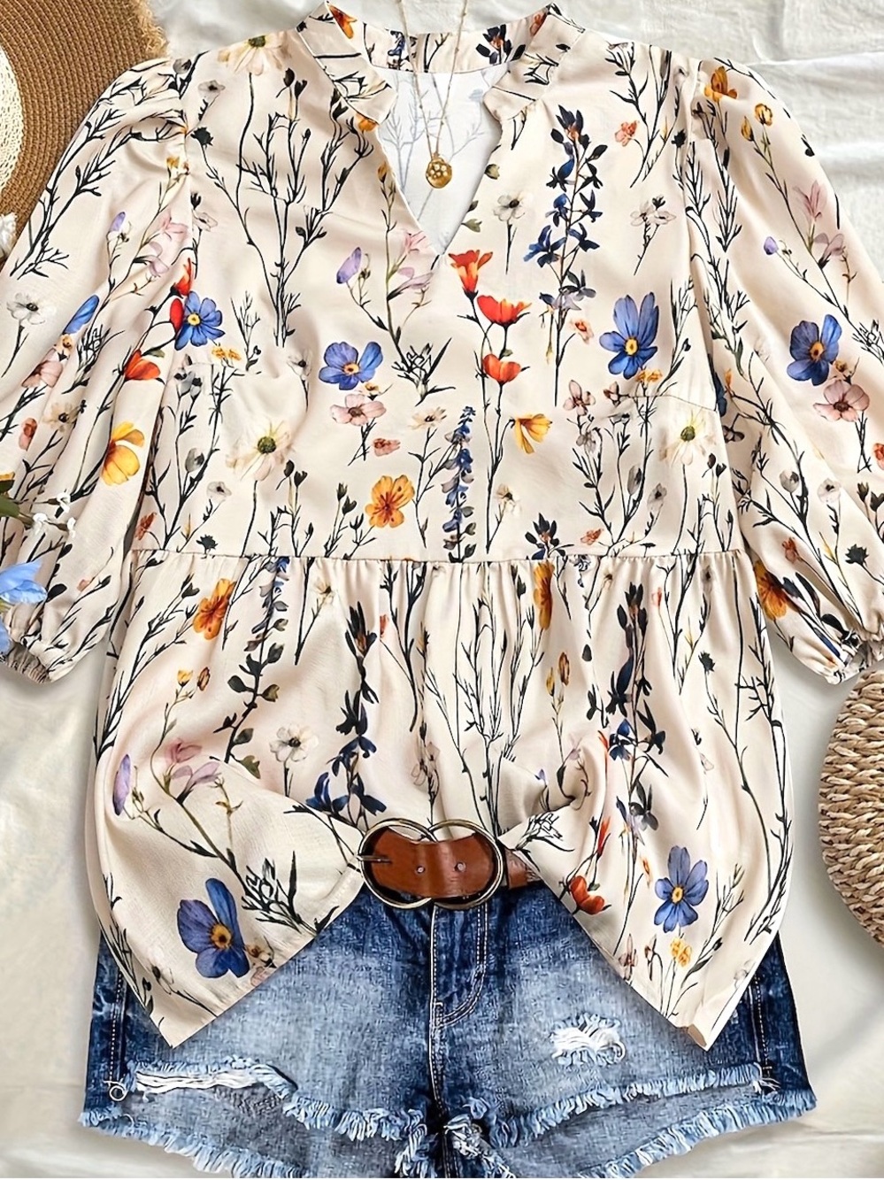 ETSY SIZE XXL~WOMEN’S DELICATE  PRAIRIE FLORAL V-NECK BLOUSE SHIRT TOP